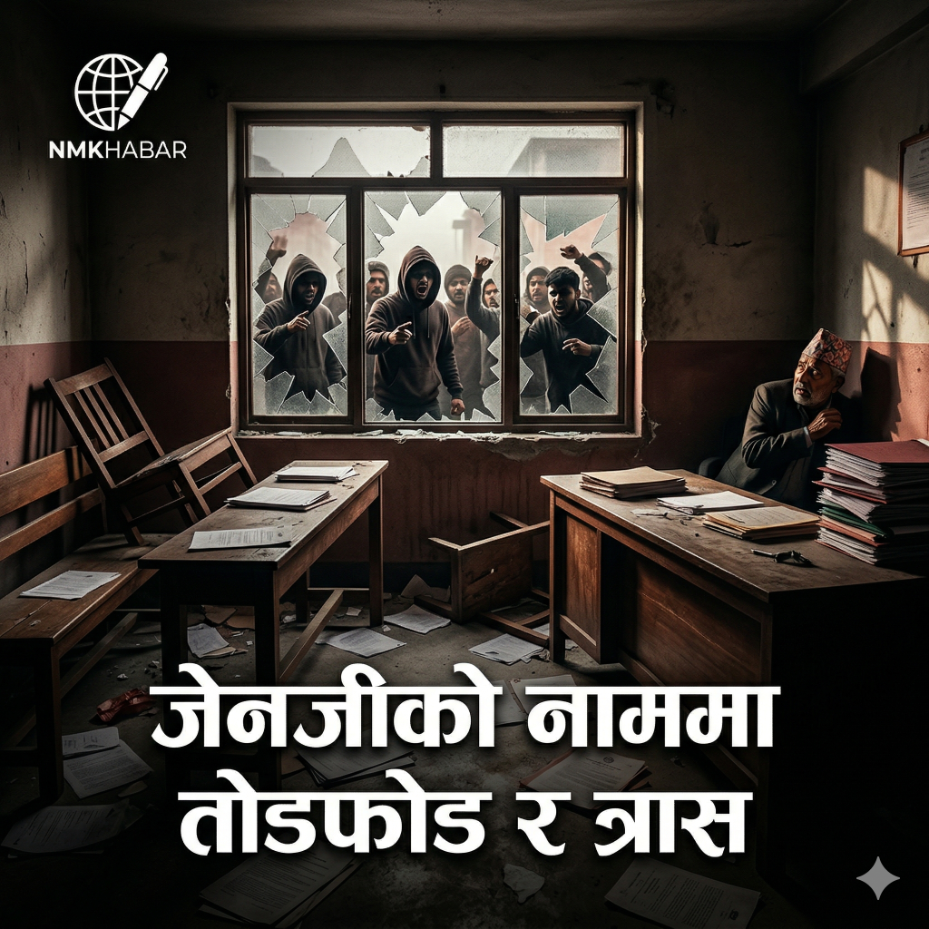 Conceptual illustration showing an angry youth mob breaking into a local government ward office in Nepal.